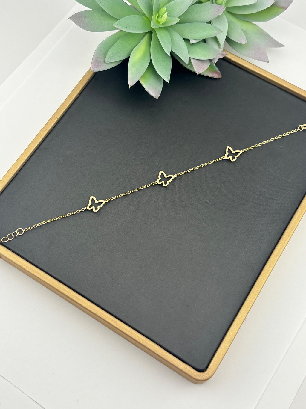 14K Solid Gold Butterfly Chain Bracelet, Adjustable