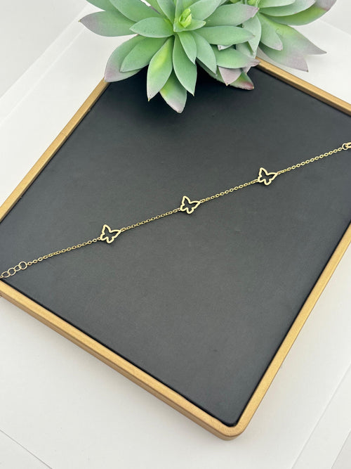 14K Solid Gold Butterfly Chain Bracelet, Adjustable