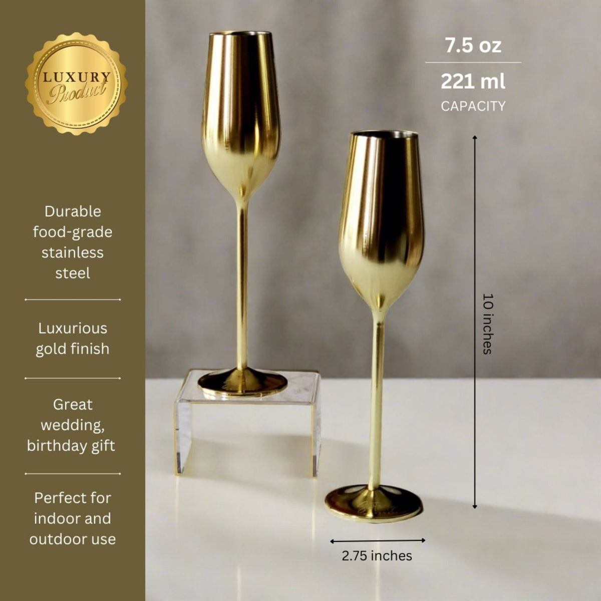 Unbreakable Gold Champagne Flutes