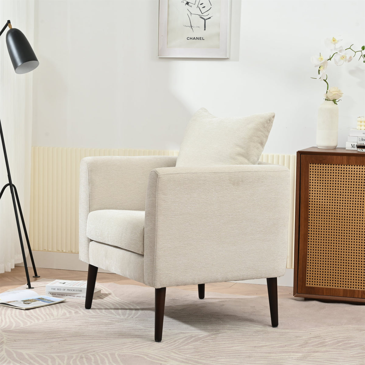 Mid-Century Chenille Accent Chair with Pillow, Beige