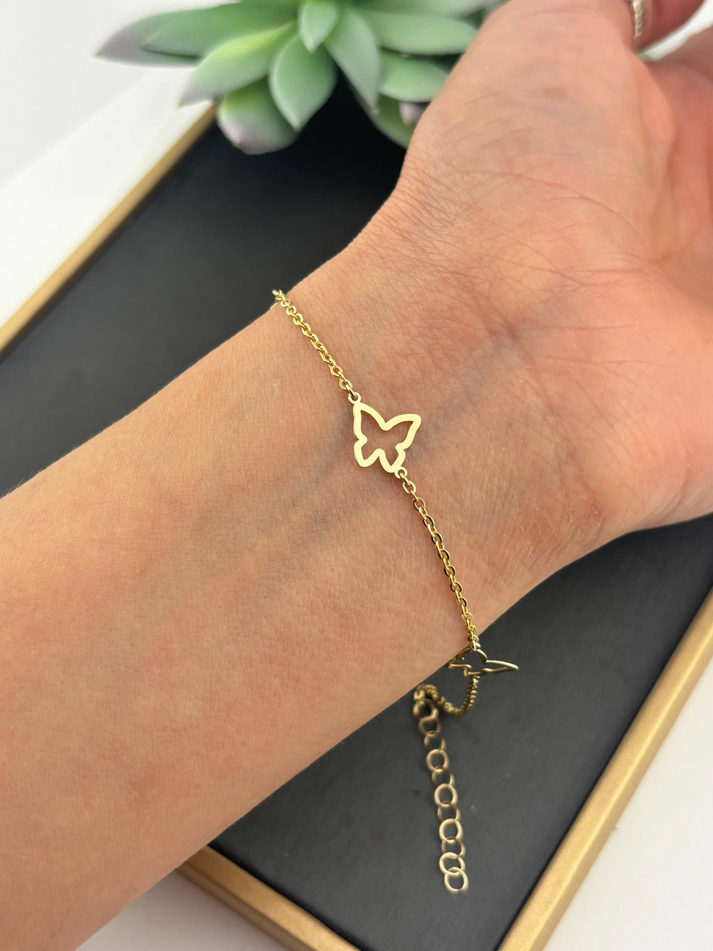 14K Solid Gold Butterfly Chain Bracelet, Adjustable