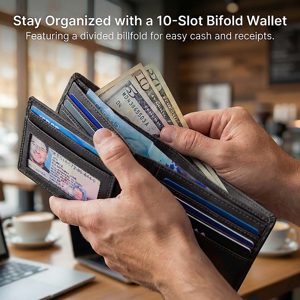 RFID-Blocking Leather Bifold Wallet with ID Window