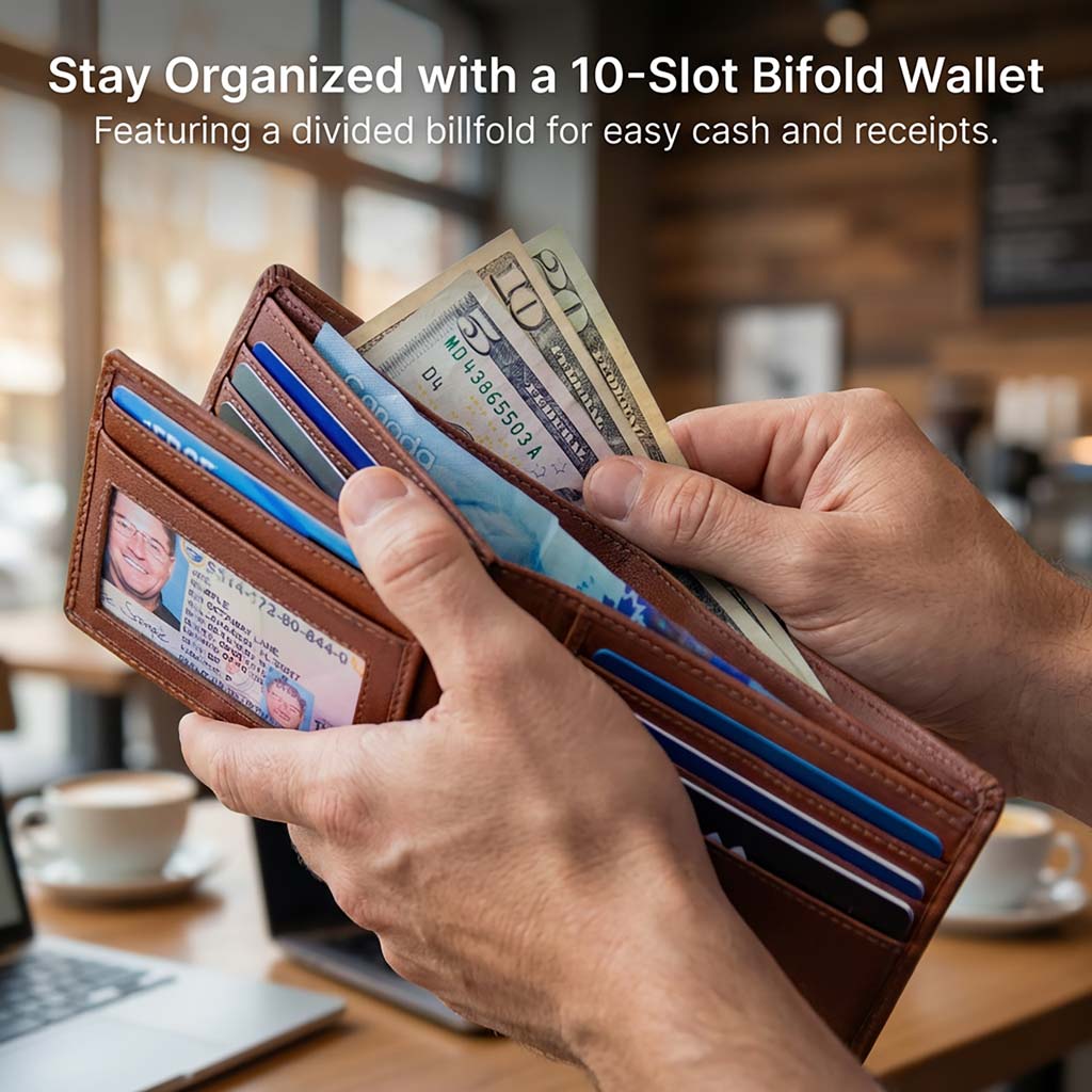 RFID-Blocking Leather Bifold Wallet with ID Window