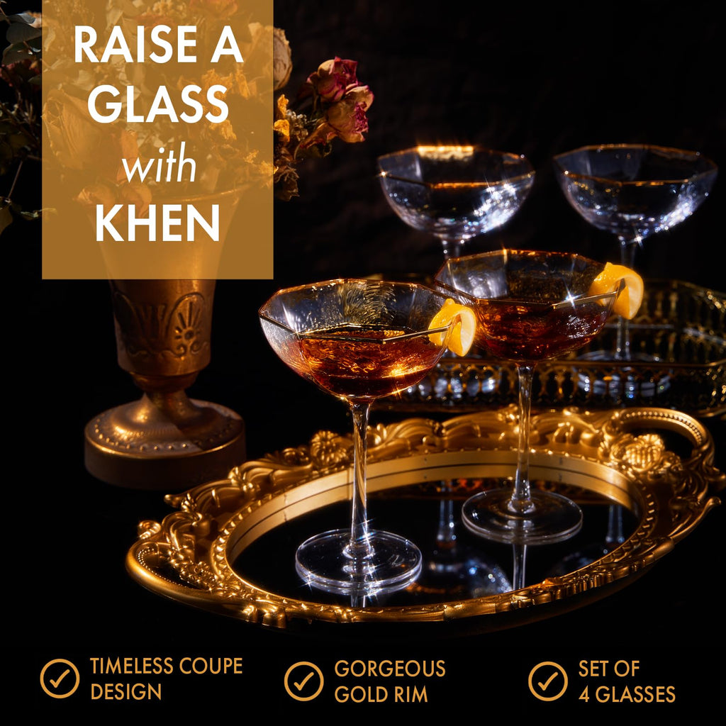 Vintage Gold Rim Champagne Coupes, Set of 4