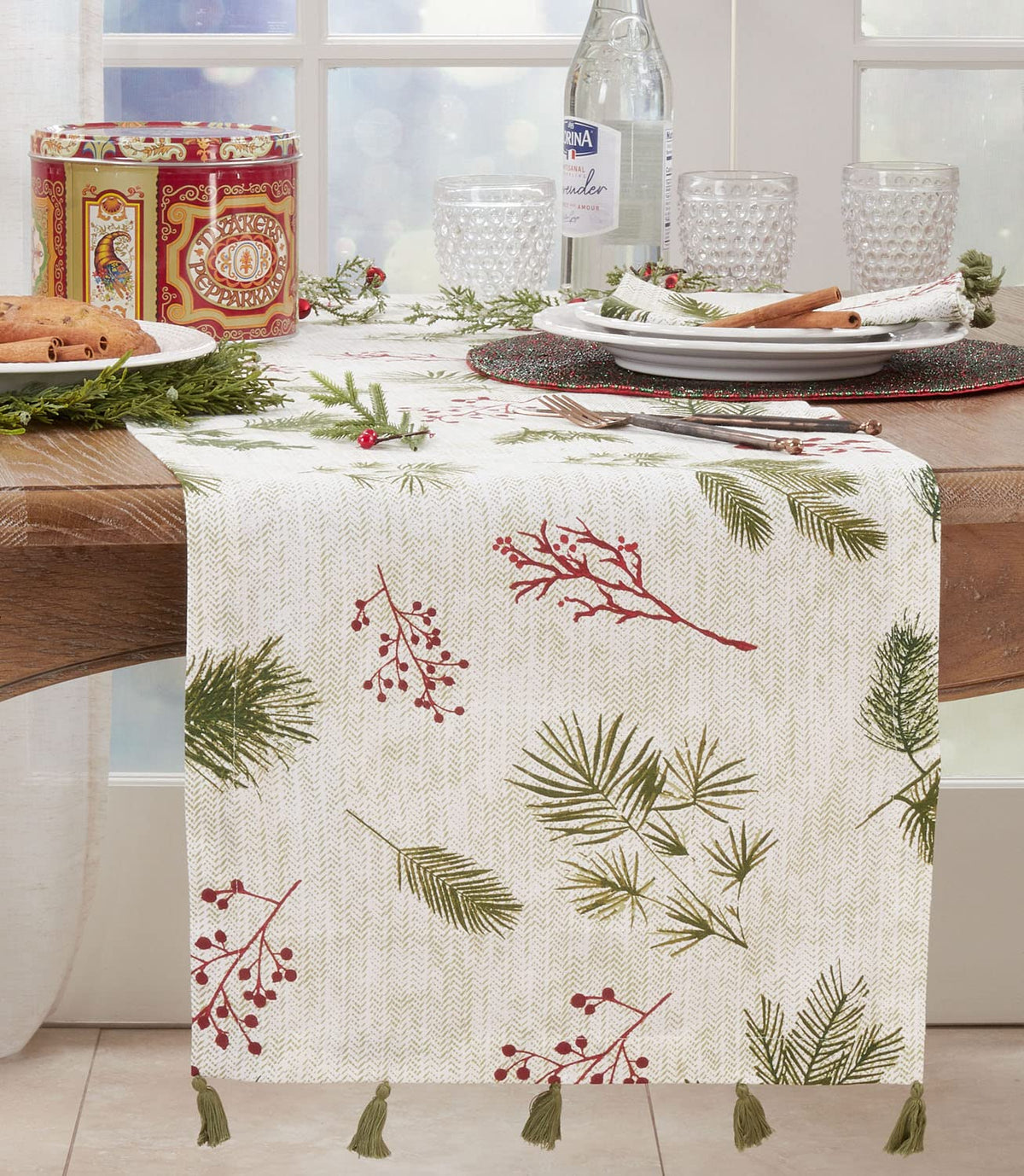 Pine Needle and Red Berry Christmas Table Linens