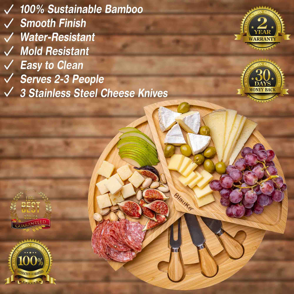 Bamboo Swivel Cheese Board with Knife Drawer, 14 in