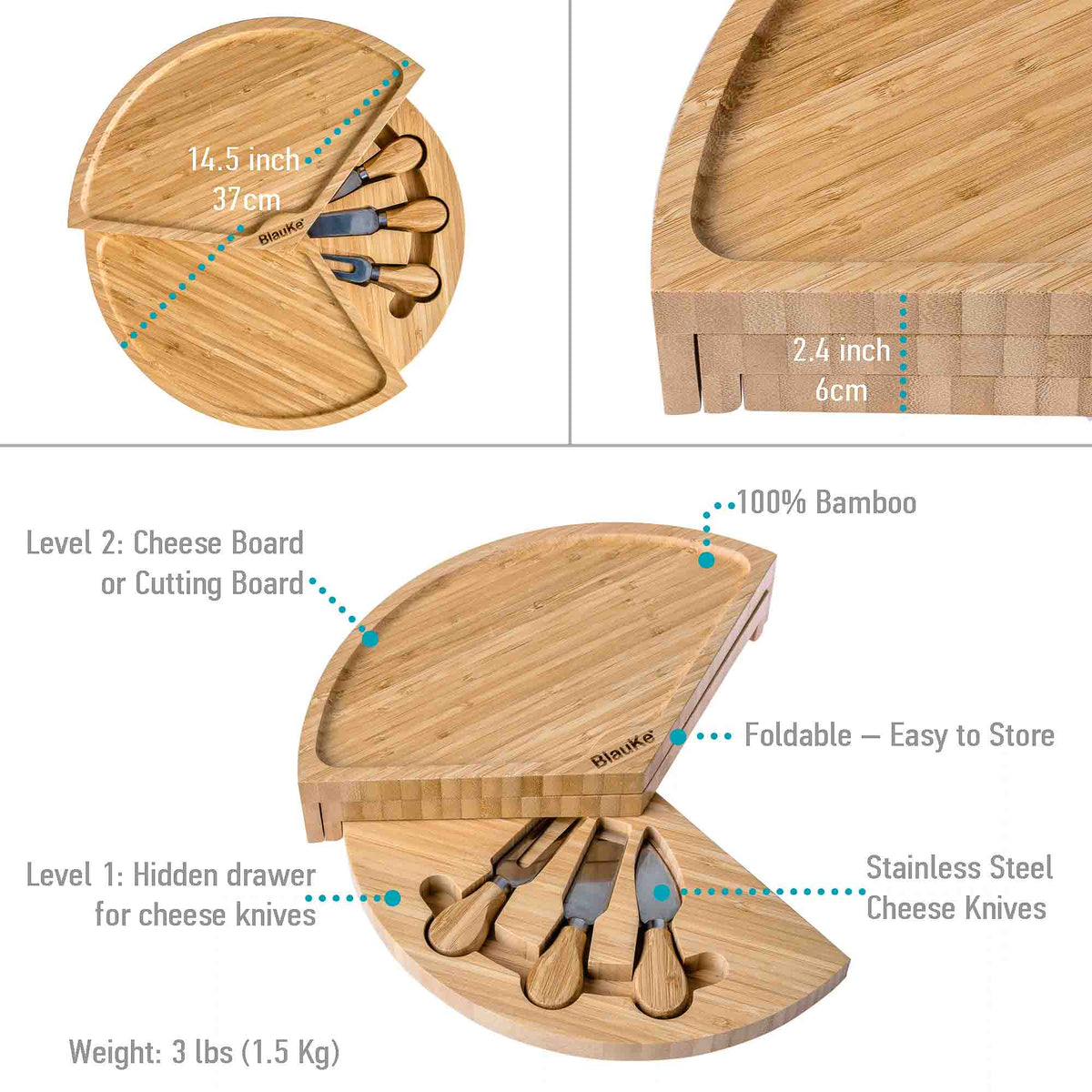 Bamboo Swivel Cheese Board with Knife Drawer, 14 in