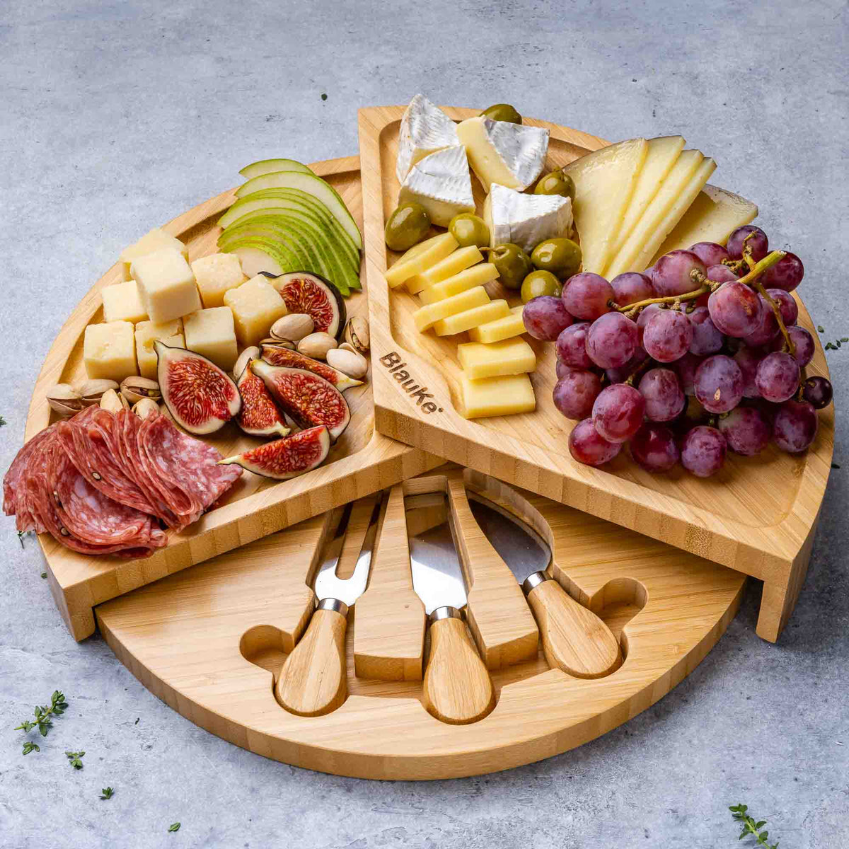 Bamboo Swivel Cheese Board with Knife Drawer, 14 in