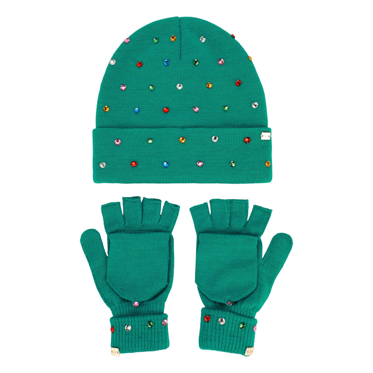 Emerald Knit Rhinestone Beanie and Mittens Set