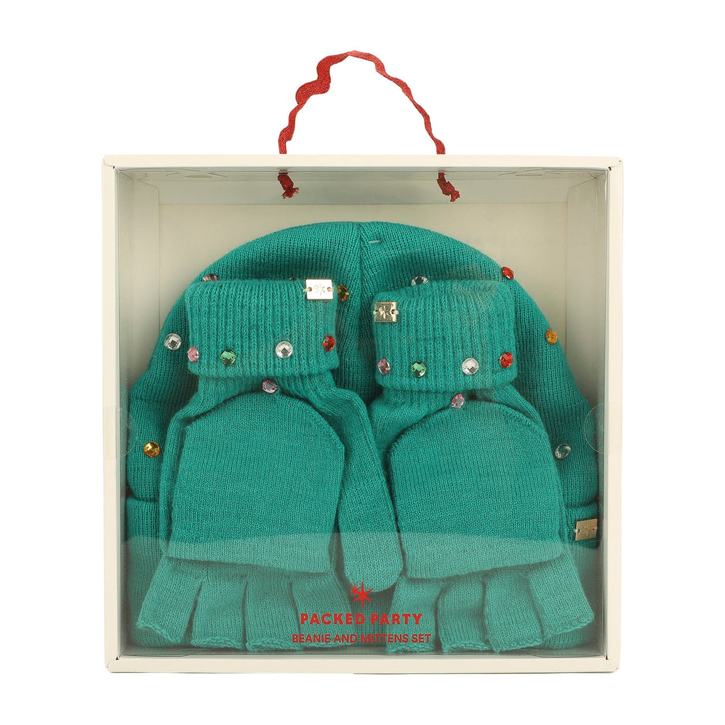 Emerald Knit Rhinestone Beanie and Mittens Set