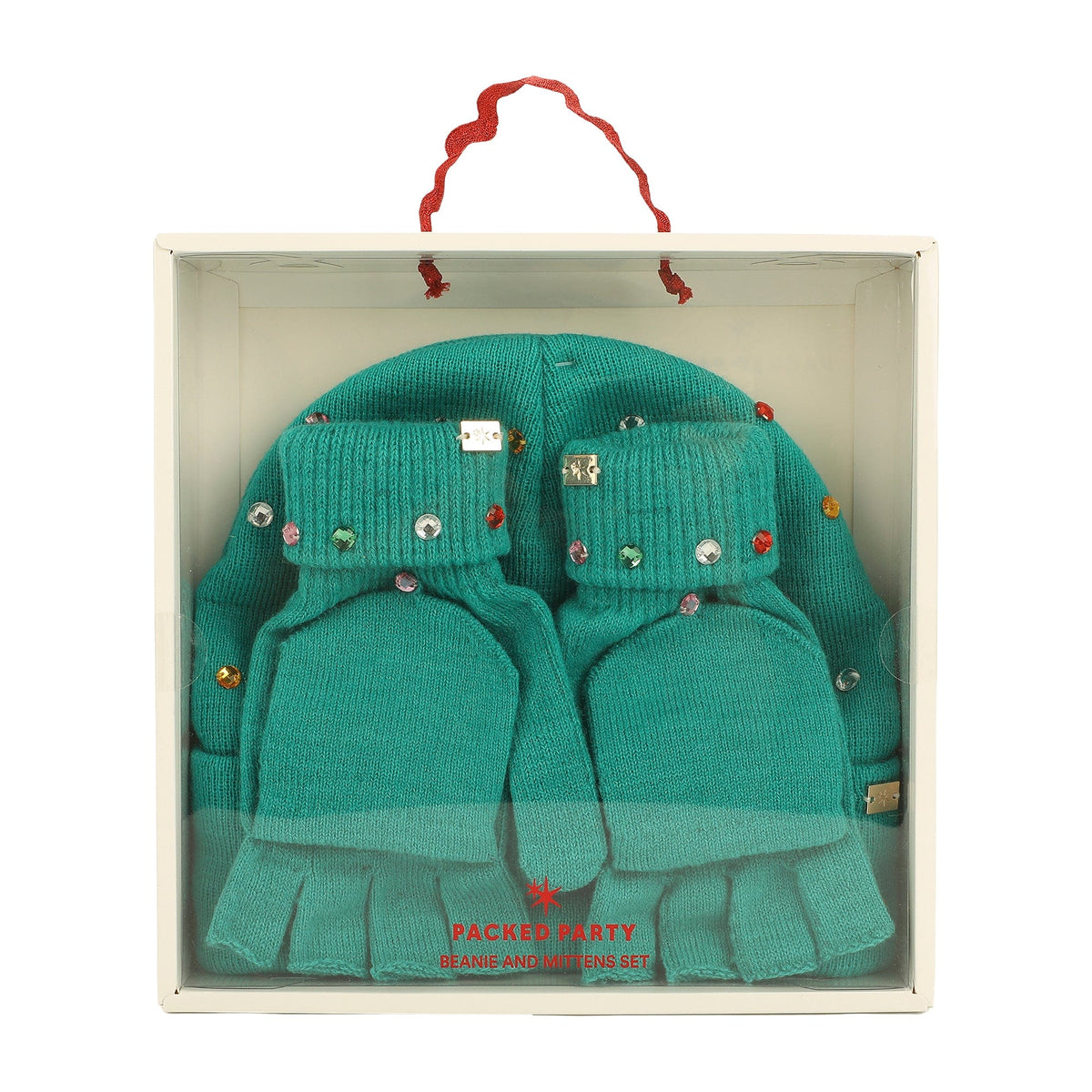 Emerald Knit Rhinestone Beanie and Mittens Set