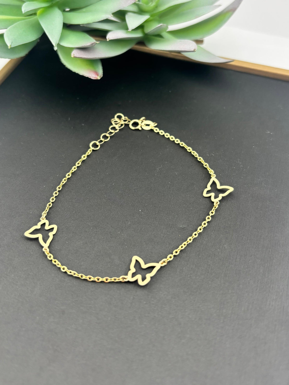 14K Solid Gold Butterfly Chain Bracelet, Adjustable