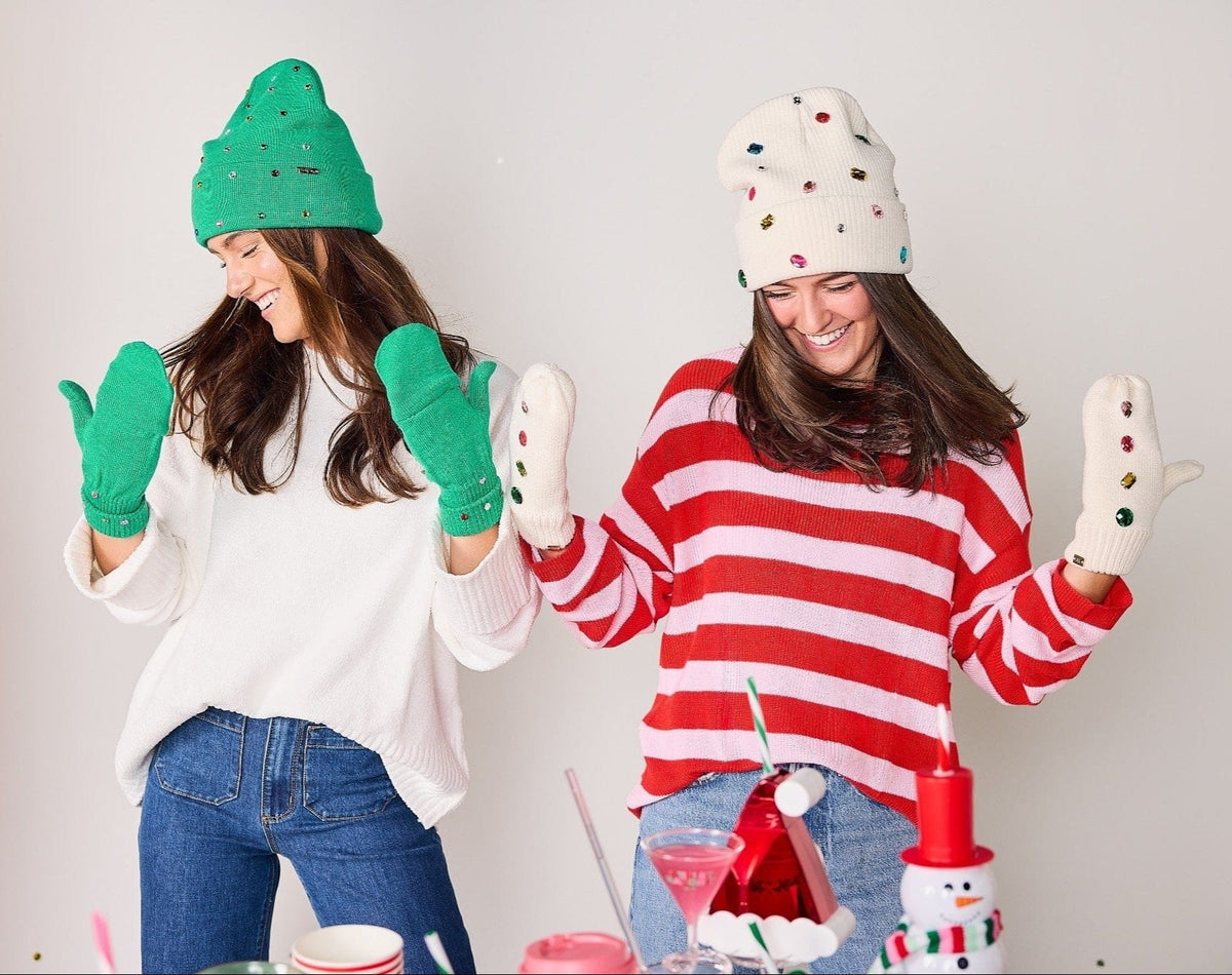 Emerald Knit Rhinestone Beanie and Mittens Set