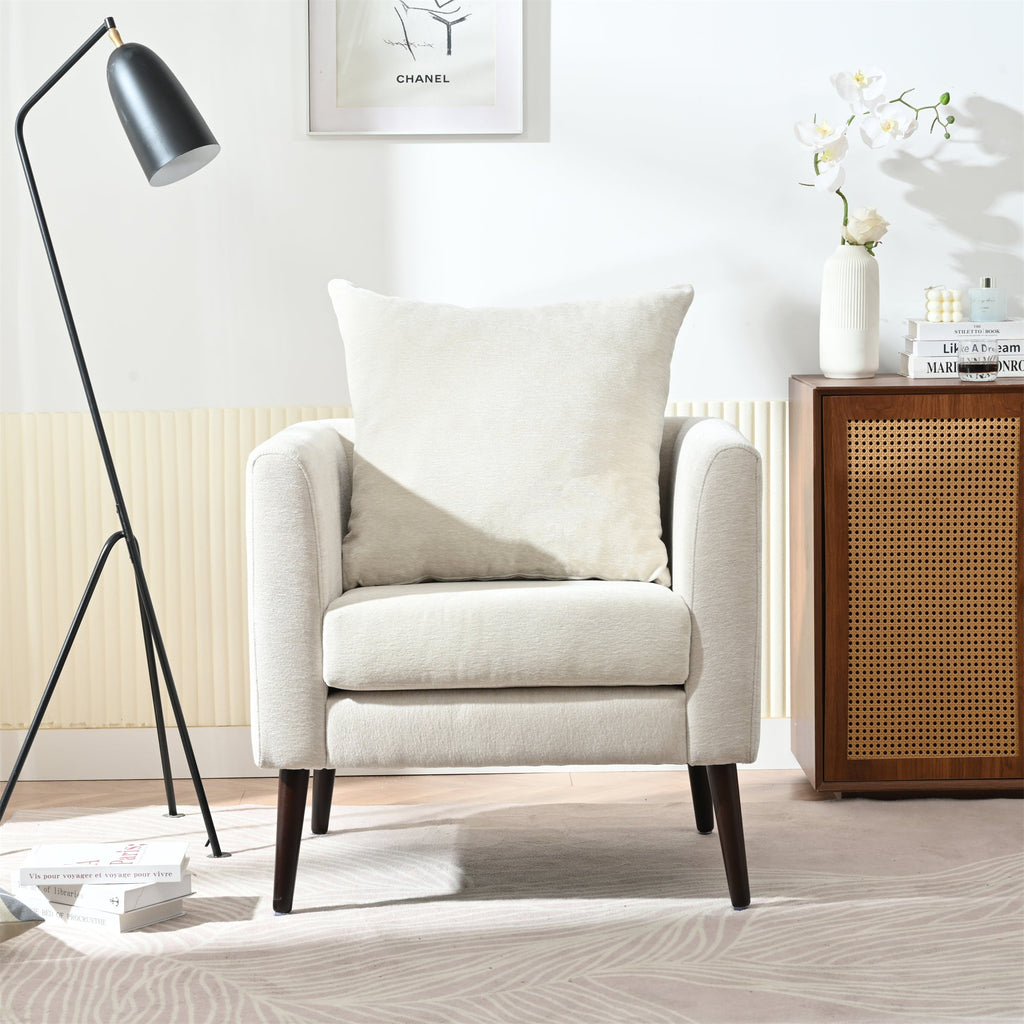 Mid-Century Chenille Accent Chair with Pillow, Beige
