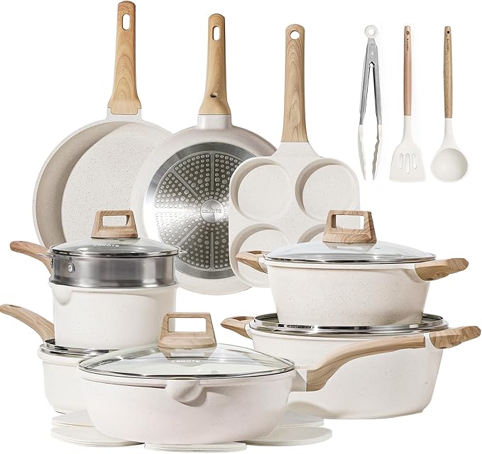 CAROTE 21-Piece Nonstick Cookware Set, White Granite