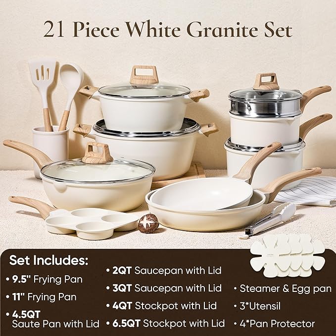 CAROTE 21-Piece Nonstick Cookware Set, White Granite