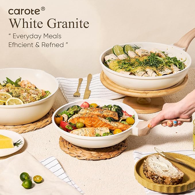 CAROTE 21-Piece Nonstick Cookware Set, White Granite