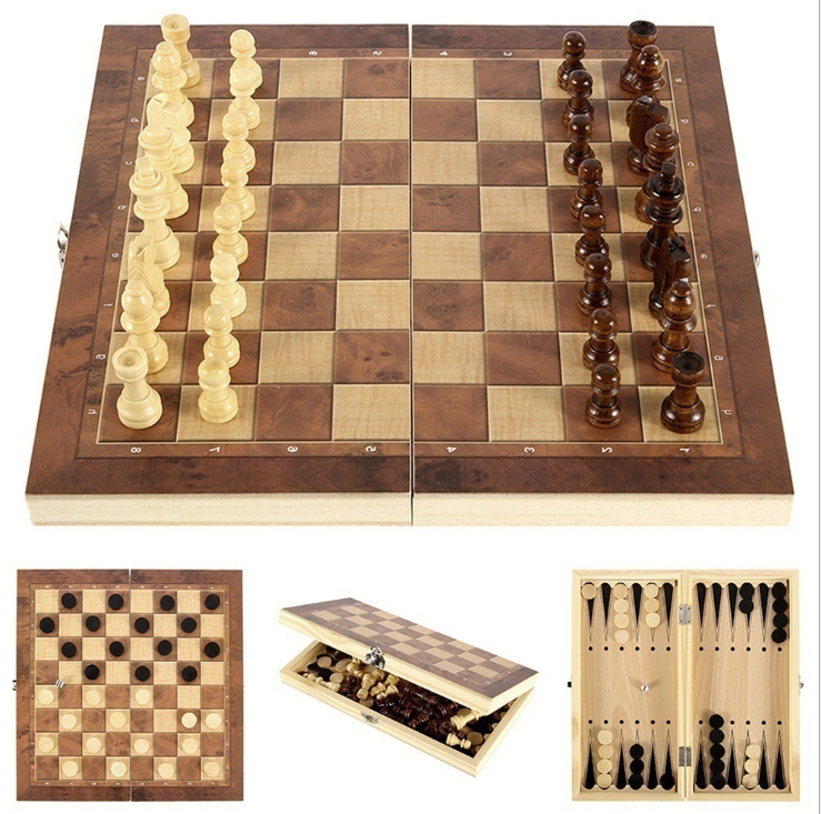 3-in-1 Wooden Chess, Checkers and Backgammon Set with Case