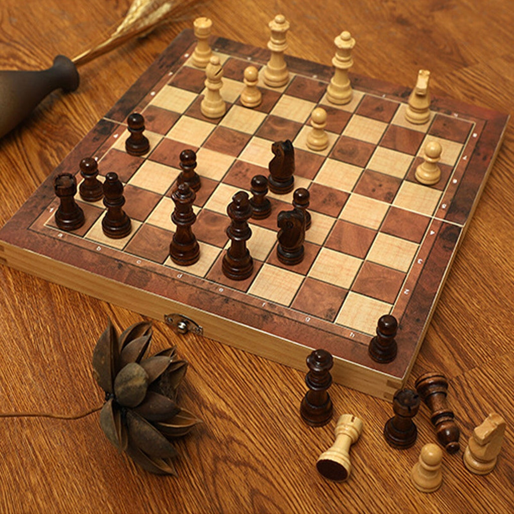 3-in-1 Wooden Chess, Checkers and Backgammon Set with Case