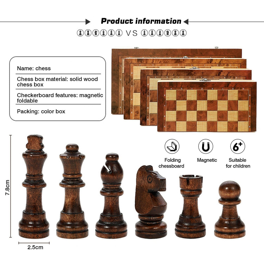 3-in-1 Wooden Chess, Checkers and Backgammon Set with Case