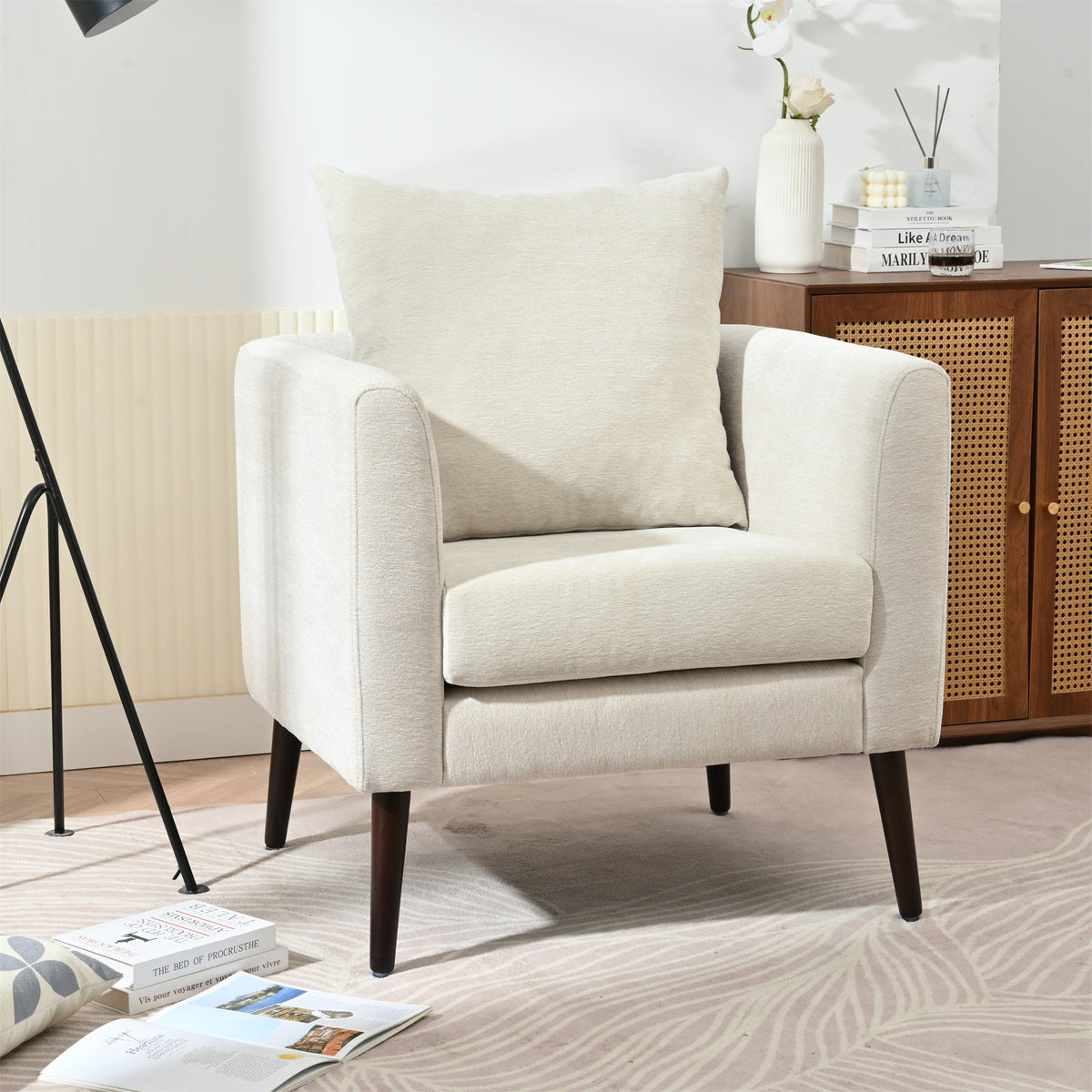 Mid-Century Chenille Accent Chair with Pillow, Beige