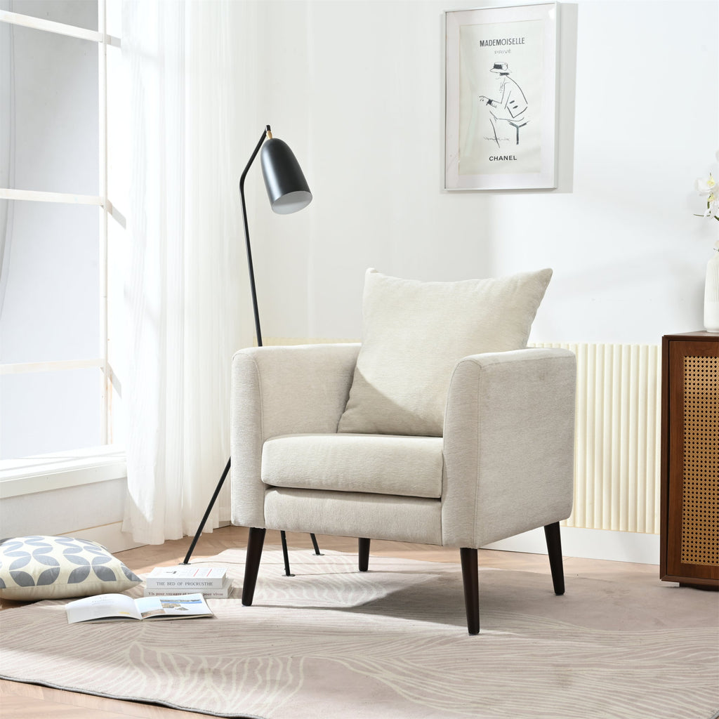 Mid-Century Chenille Accent Chair with Pillow, Beige