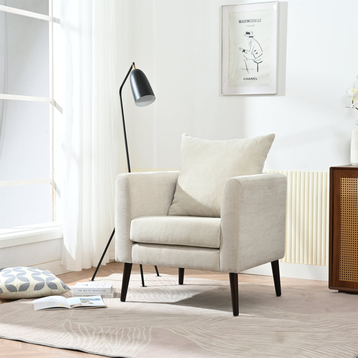 Mid-Century Chenille Accent Chair with Pillow, Beige