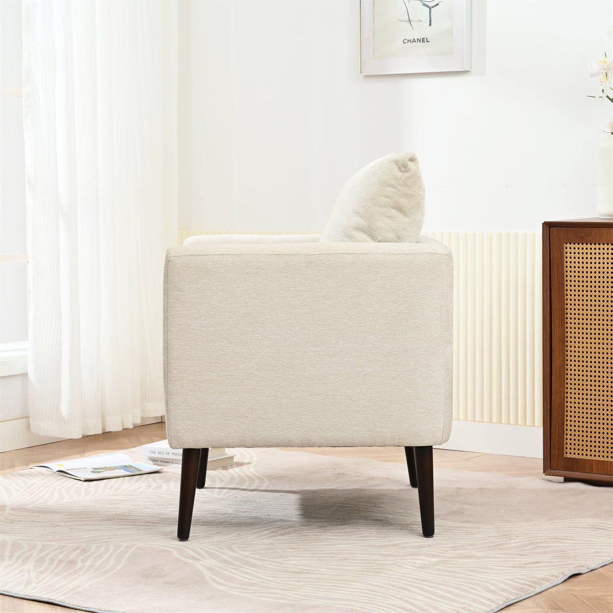 Mid-Century Chenille Accent Chair with Pillow, Beige