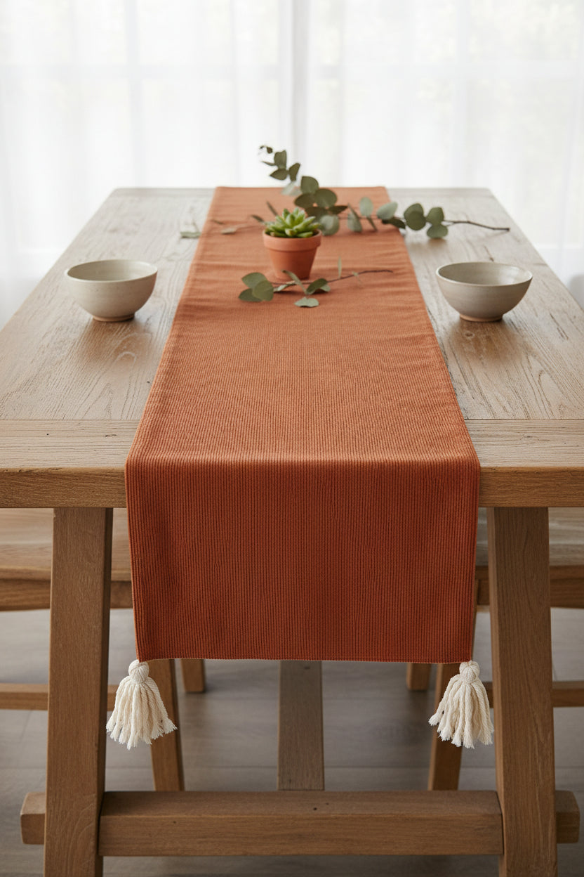 Two-Sided Corduroy and Linen Table Runner with Tassels