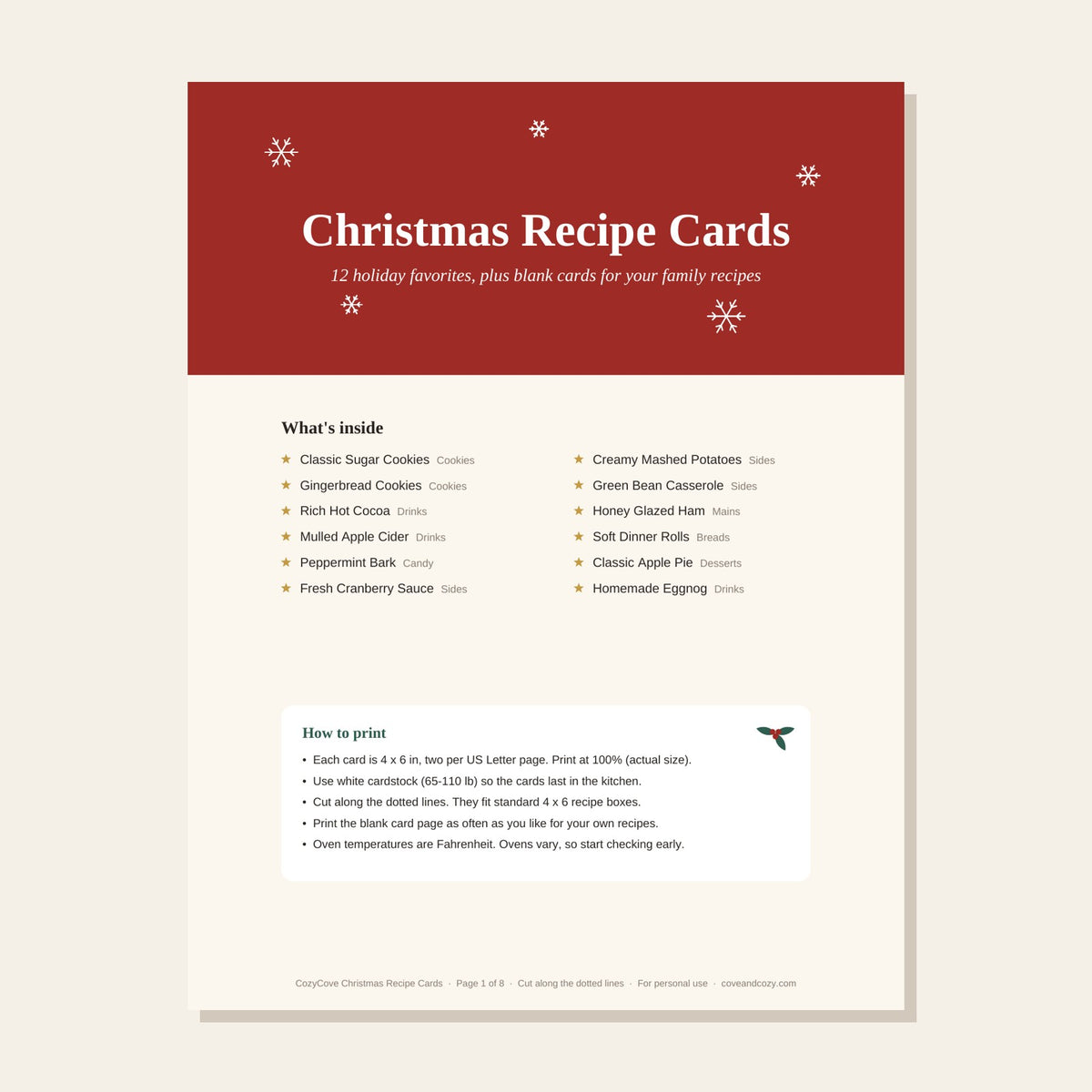 Printable Christmas Recipe Cards (12 Recipes + Blanks)