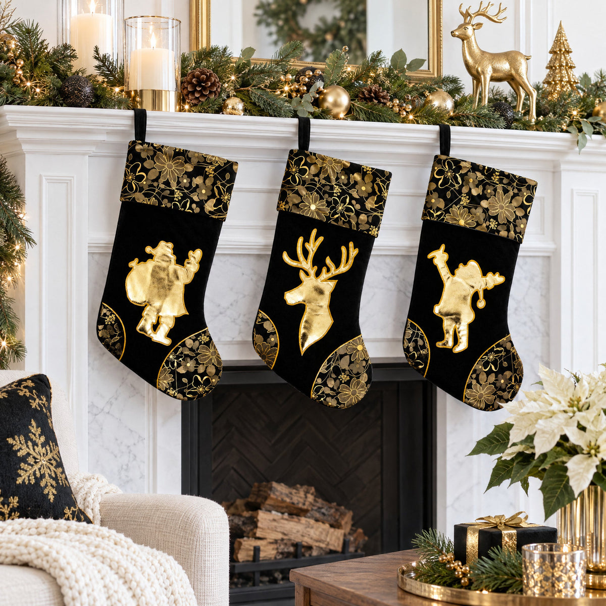 Felt Santa and Reindeer Christmas Stockings, Set of 3, 16 in