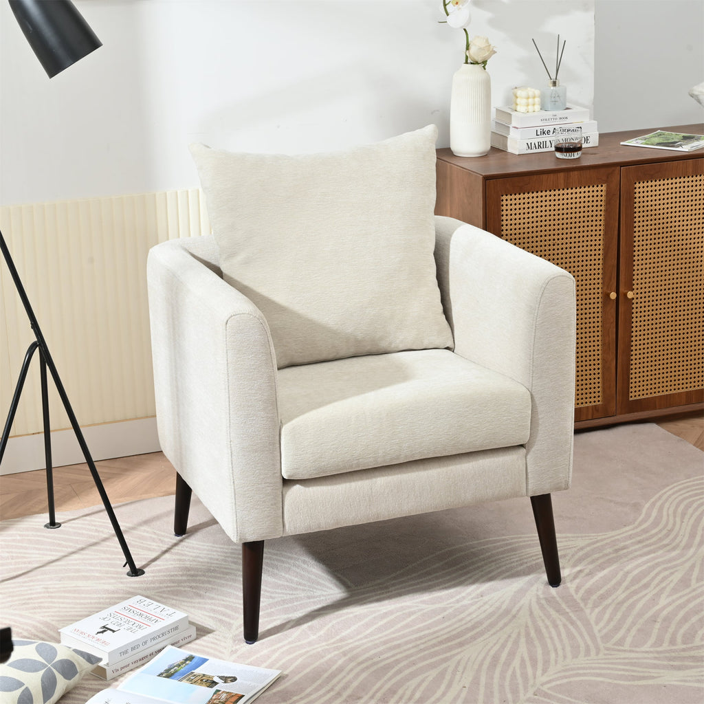 Mid-Century Chenille Accent Chair with Pillow, Beige