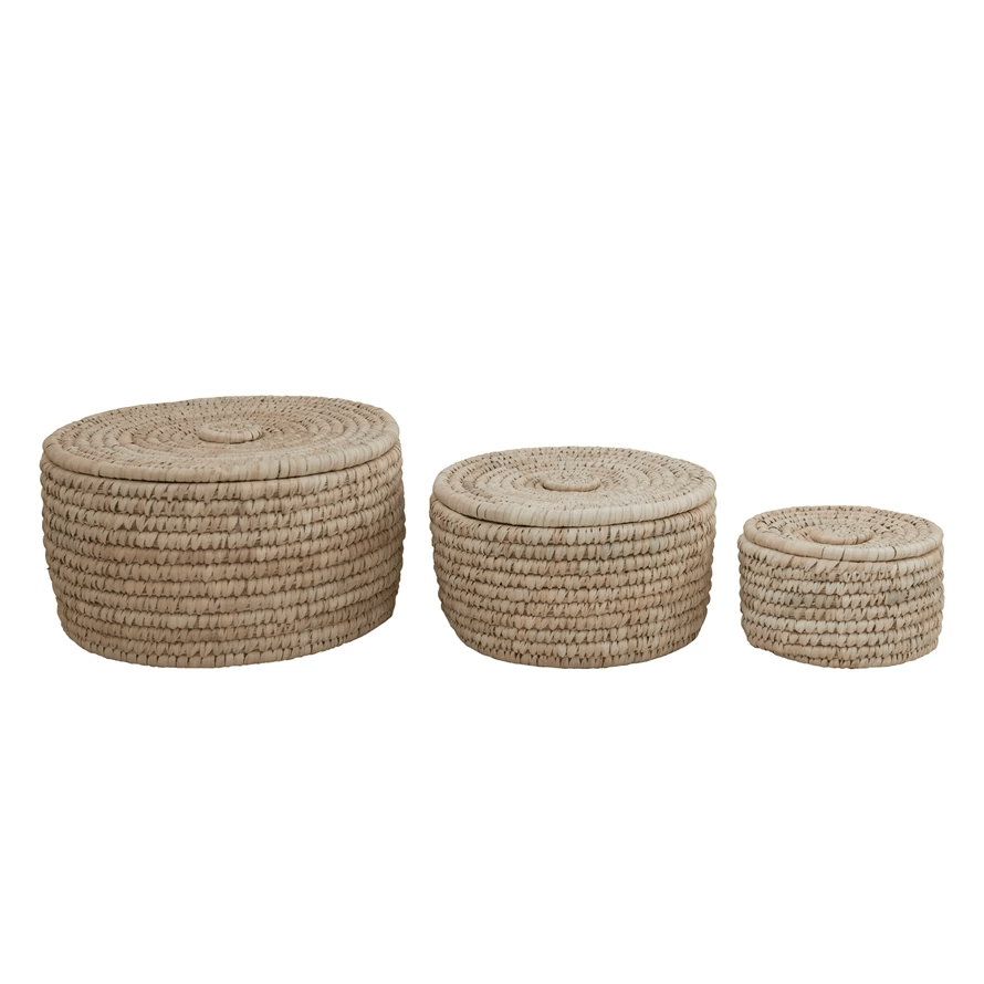 Hand-Woven Lidded Storage Baskets, Set of 3