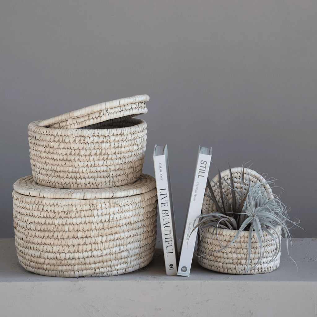 Hand-Woven Lidded Storage Baskets, Set of 3