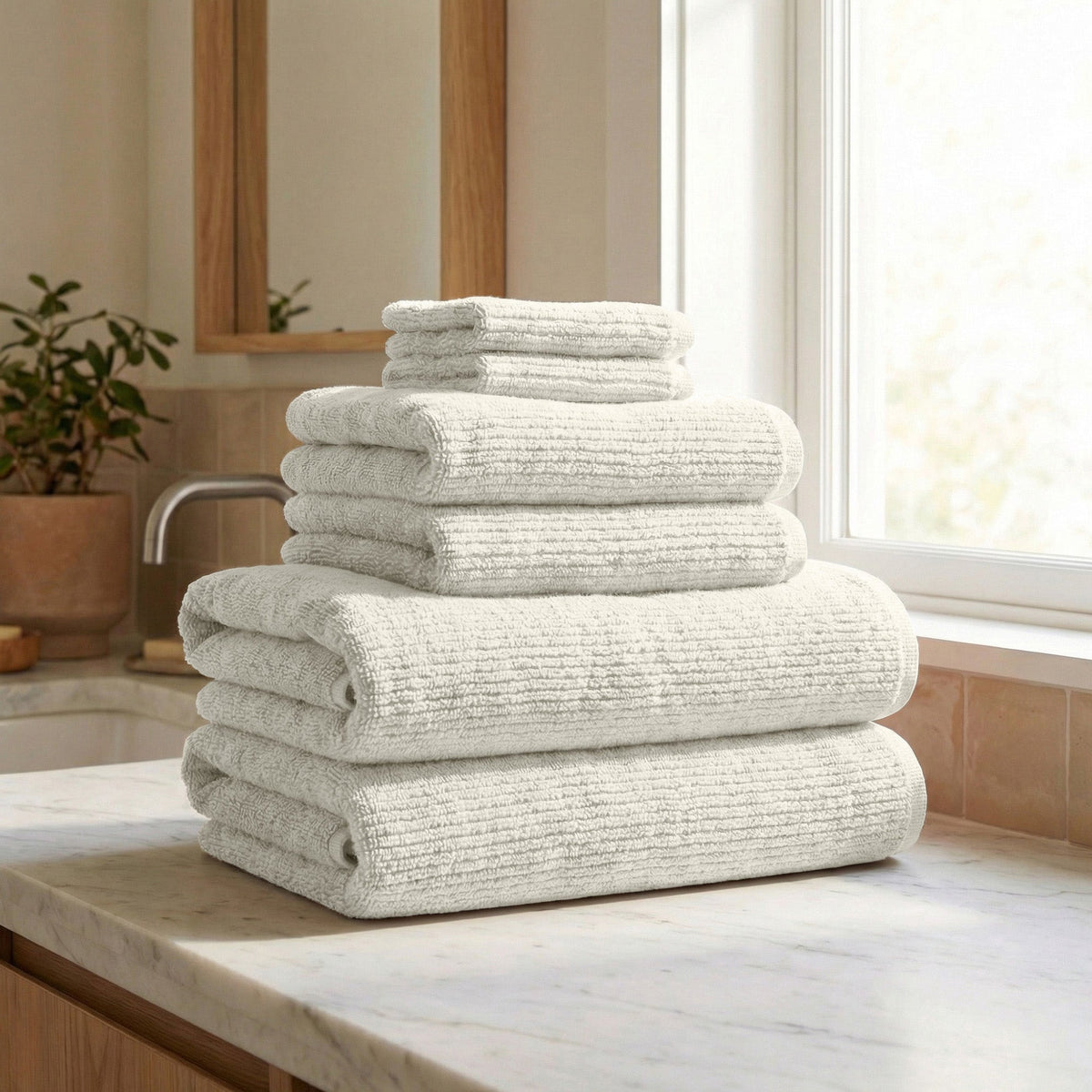 Ribbed Turkish Cotton Bath Towel Set, 6 Pieces