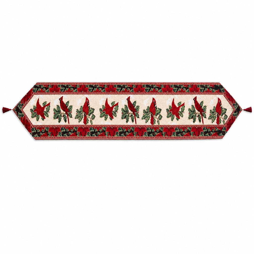 Cardinal, Mistletoe and Poinsettia Christmas Table Runner, 77 in