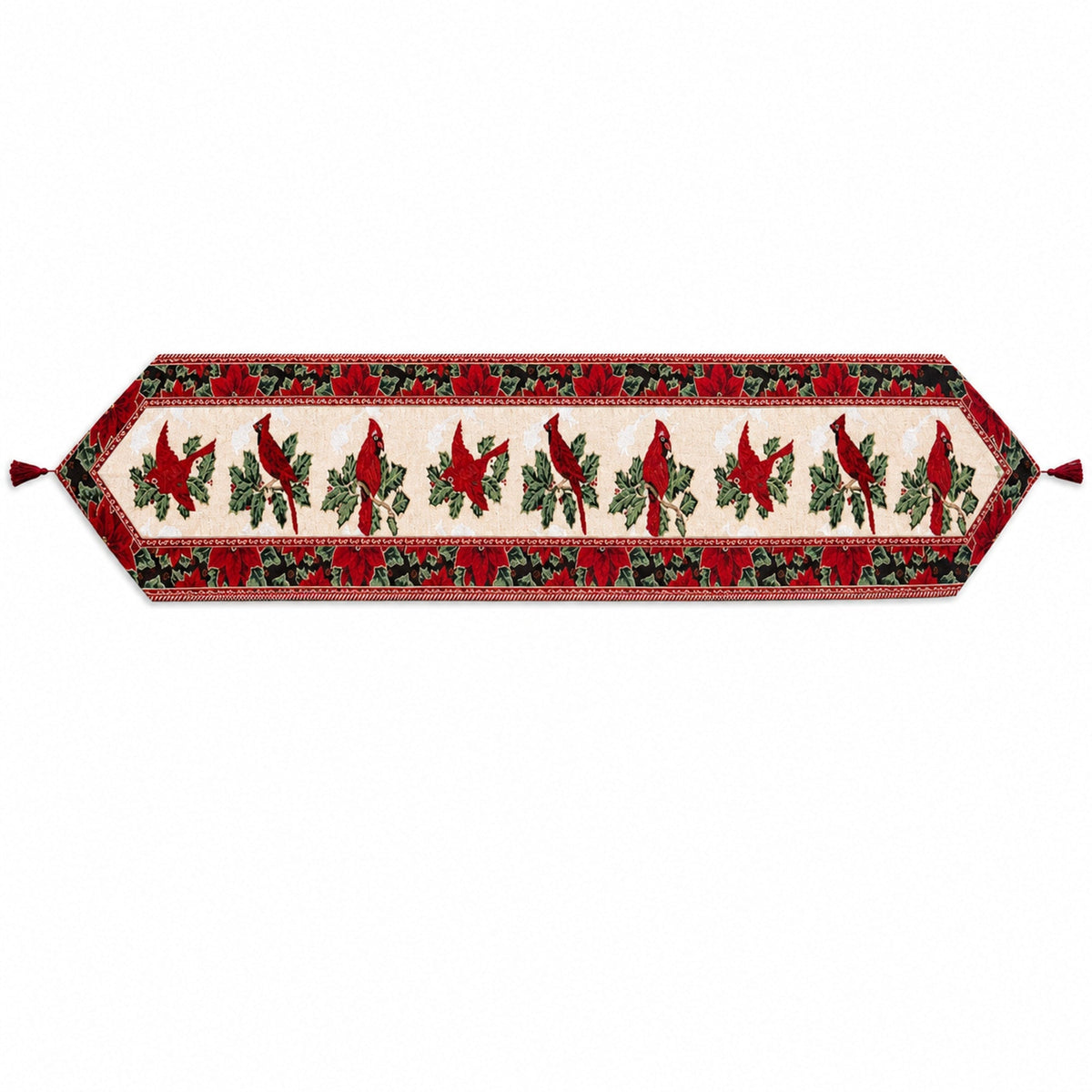 Cardinal, Mistletoe and Poinsettia Christmas Table Runner, 77 in