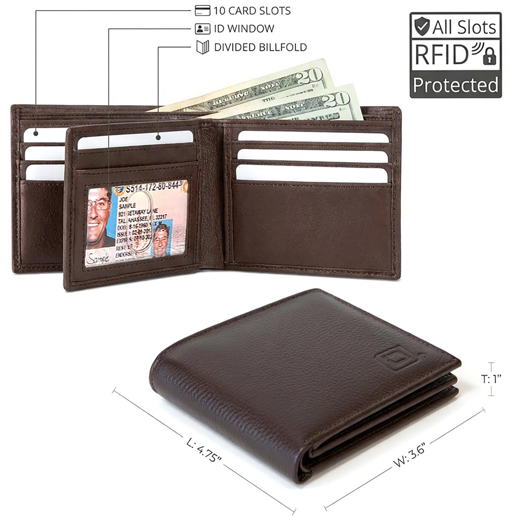 RFID-Blocking Leather Bifold Wallet with ID Window