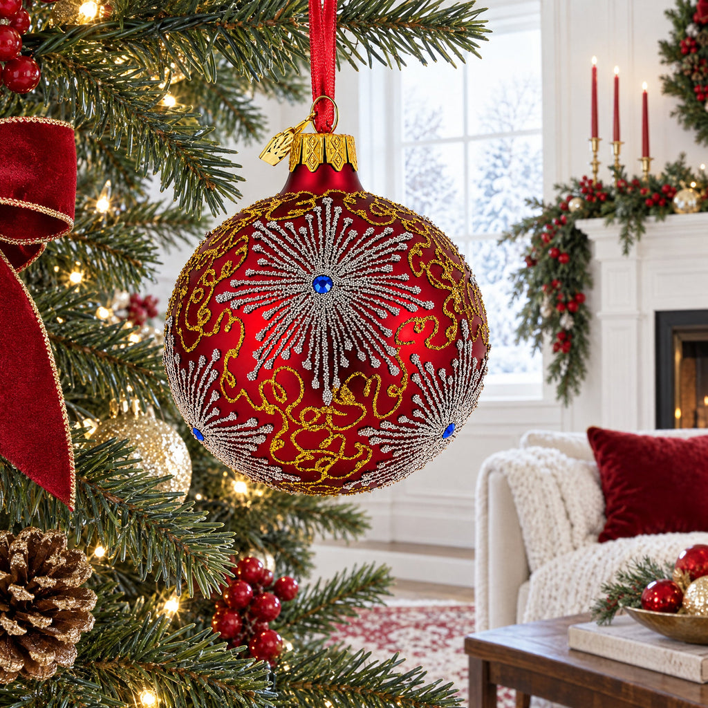 Jeweled Snowflake Red Glass Christmas Ornament, 3.25 in