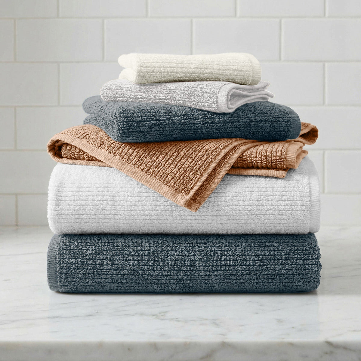 Ribbed Turkish Cotton Bath Towel Set, 6 Pieces