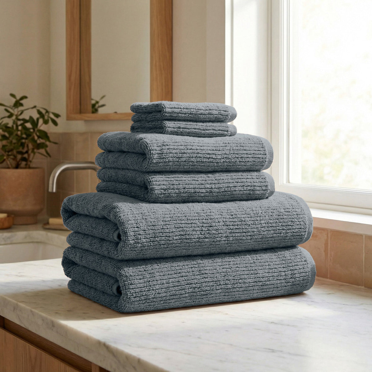 Ribbed Turkish Cotton Bath Towel Set, 6 Pieces