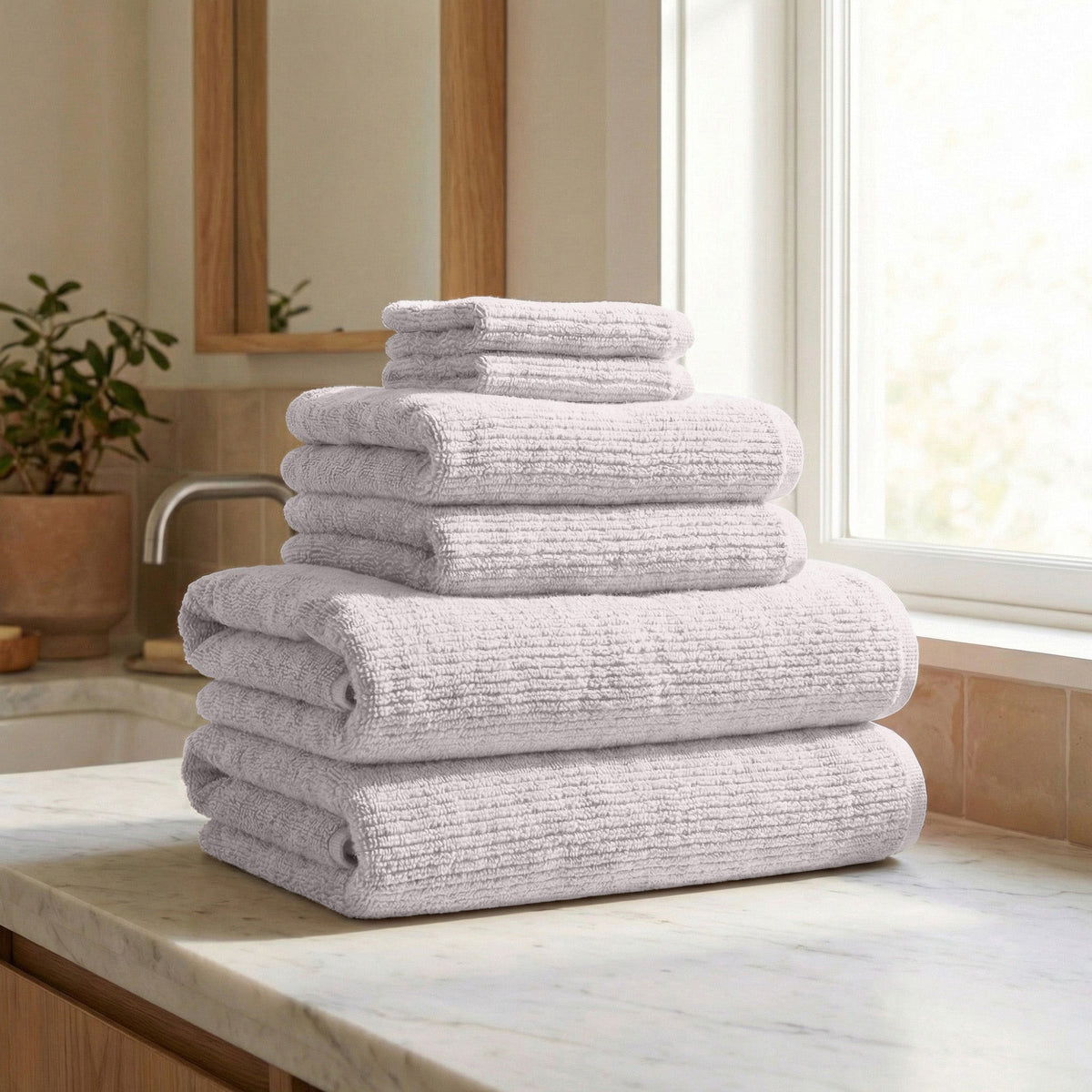 Ribbed Turkish Cotton Bath Towel Set, 6 Pieces