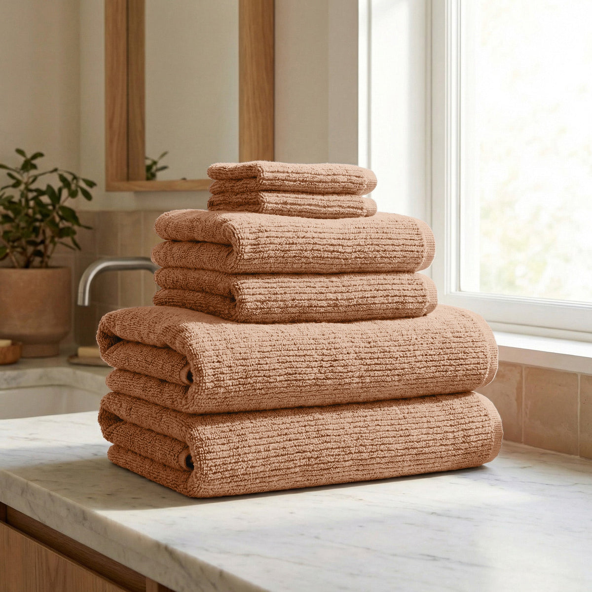 Ribbed Turkish Cotton Bath Towel Set, 6 Pieces