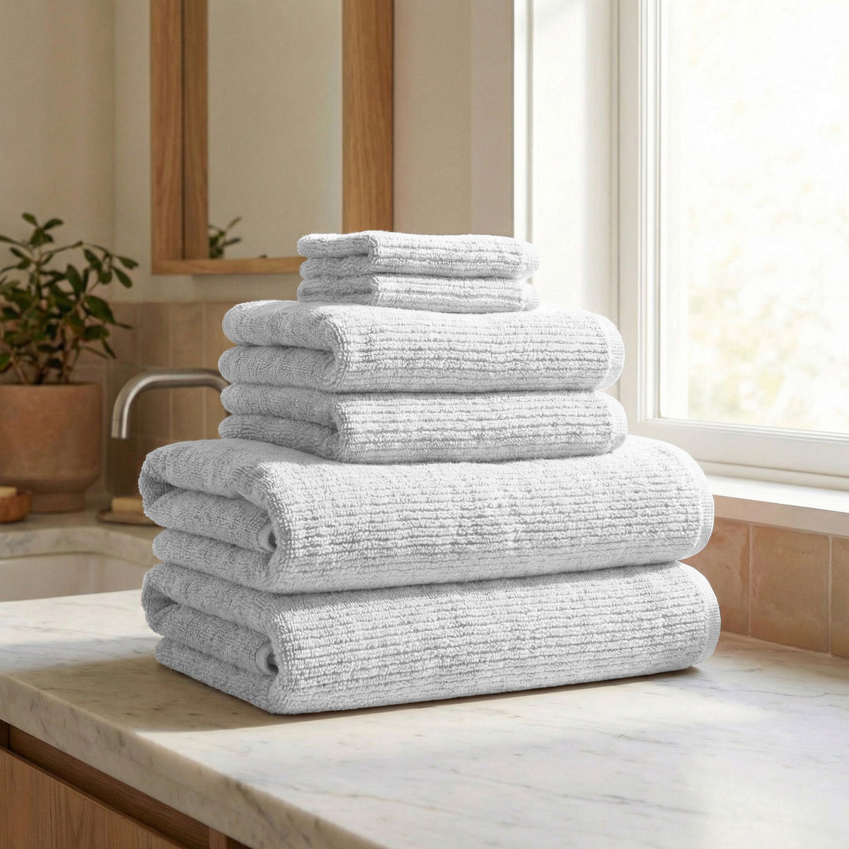 Ribbed Turkish Cotton Bath Towel Set, 6 Pieces