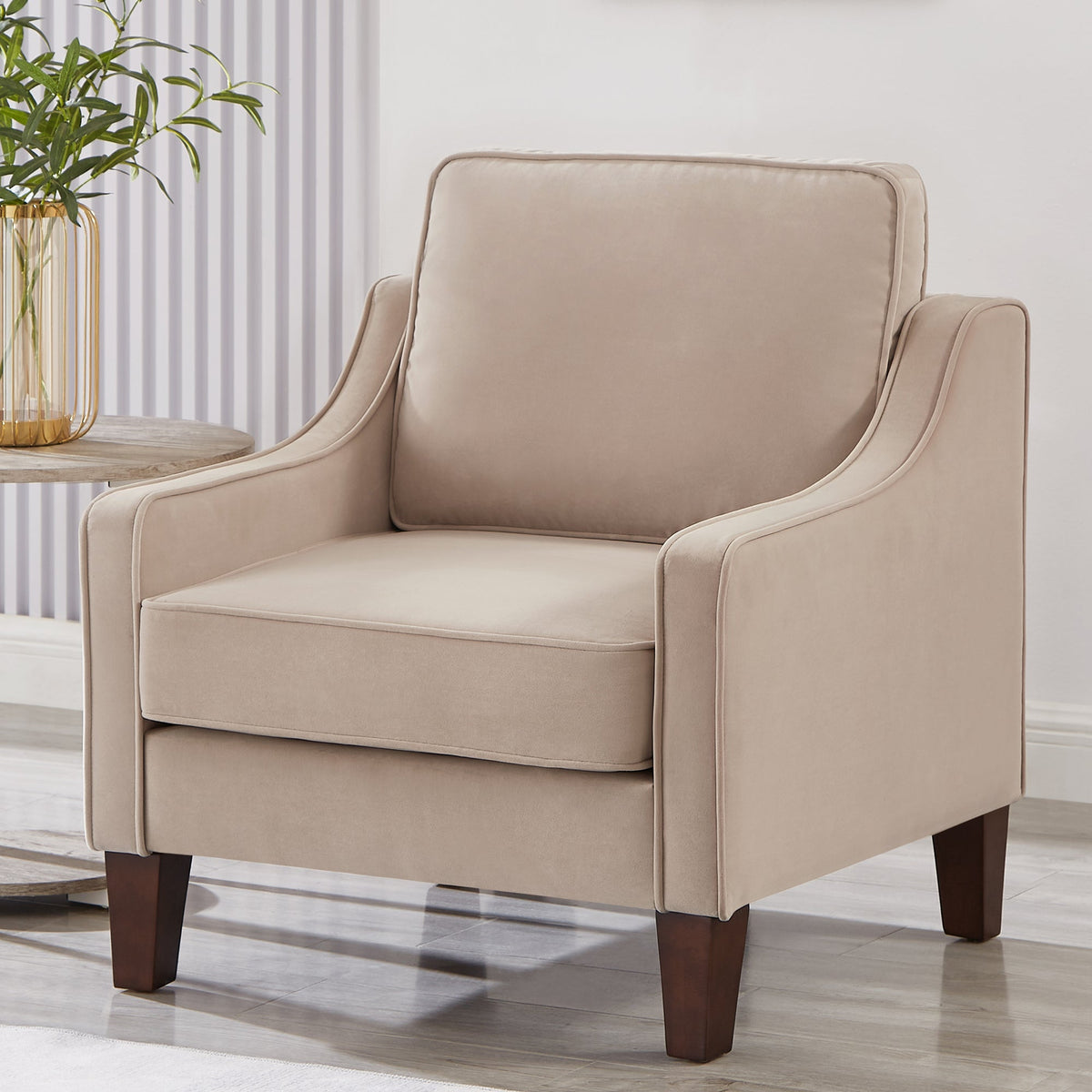 Velvet Accent Armchair with Wood Legs